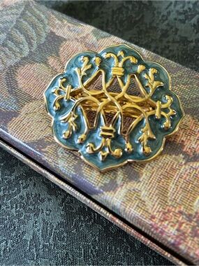 Vintage French Enamel Barrette Gold Tone Blue Teal Filigree Hair Clip France